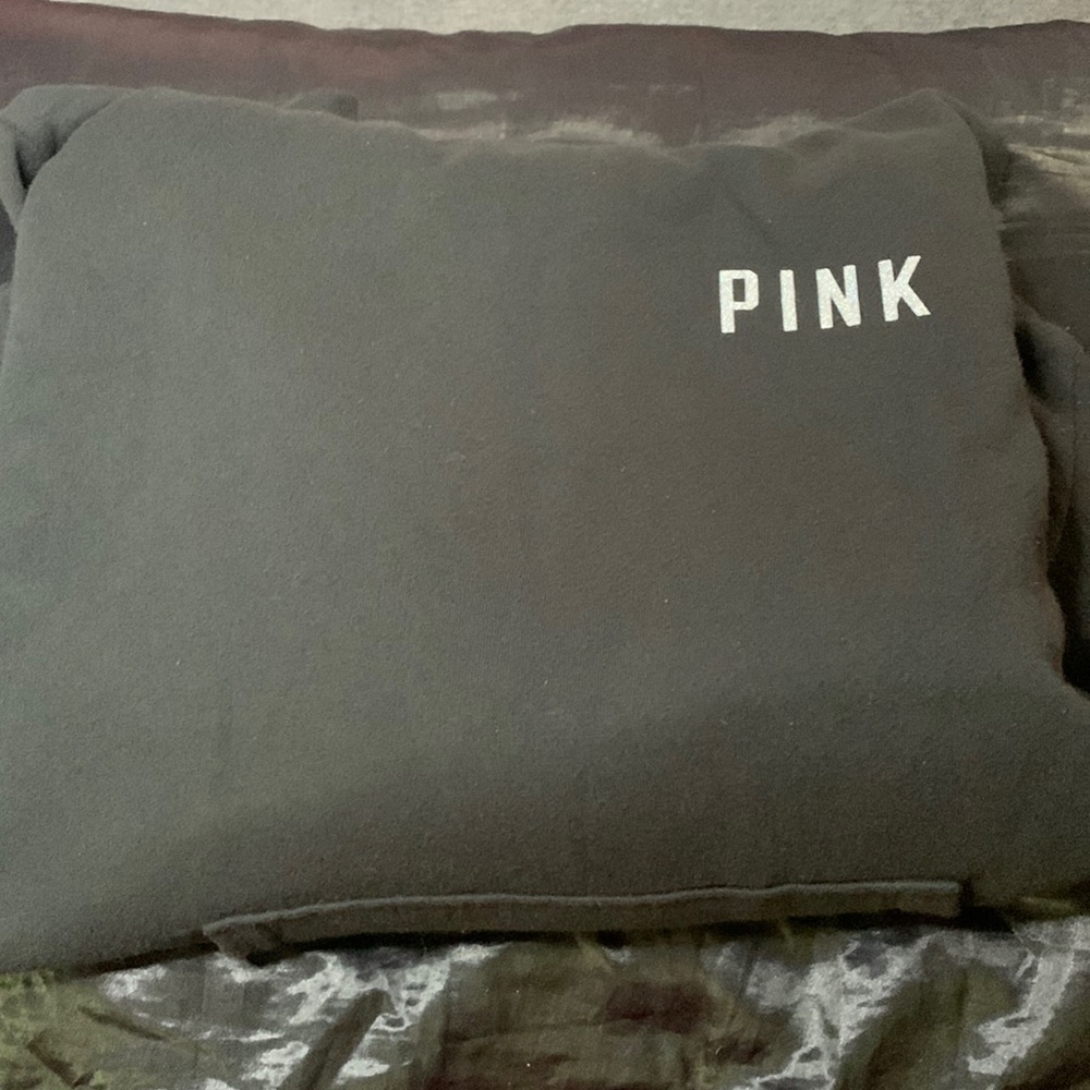 Pink Victoria’s Secret black fuzzy hooded hoodie